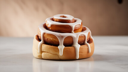 A close-up of a glazed cinnamon roll with icing drizzling down the sides, placed on a light surface.