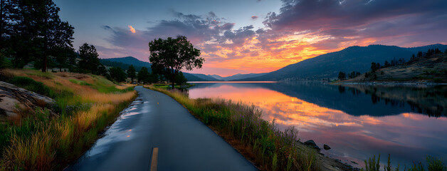 Lake and road at sunset