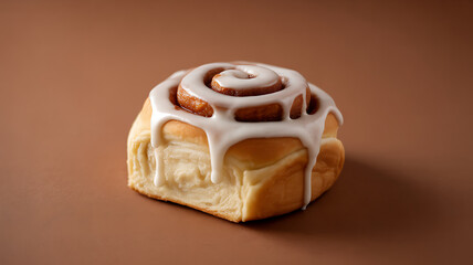 A single cinnamon roll with white icing drizzled over the top, set against a warm brown background.