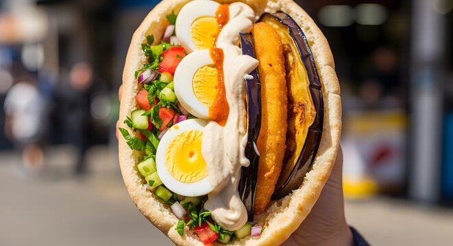 Traditional Israeli Sabich sandwich held in hand, filled with fried eggplant, eggs, tahini, and salad.