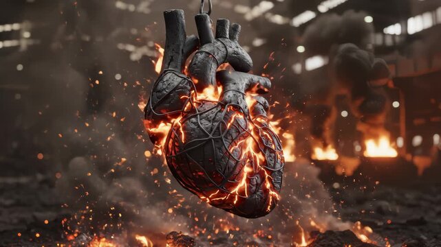 Heart Rending in Flames, Destruction and Rebirth Abstract Concept