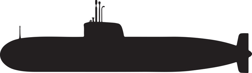 Obraz premium Black silhouette of a submarine with periscopes and propeller on a white background