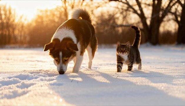 dog and cat exploring sunlit snowy field with trees perfect for world snow day