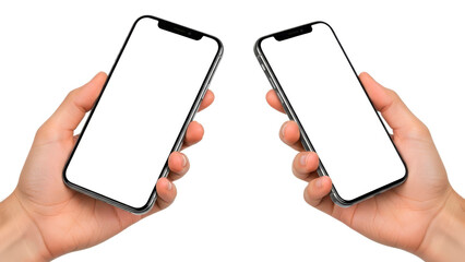 Hands holding two modern smartphones with blank screen