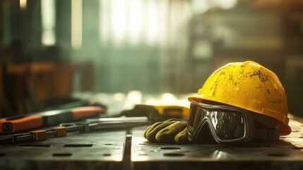 Industrial workplace safety theme, hard hats, safety goggles,  on blurred background