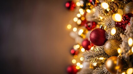 Fototapeta premium Festive Christmas Decorations Gold Ornaments Lights Holiday Background Winter Season Cheer