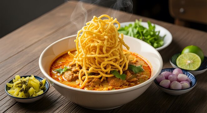 Traditional Khao Soi, Northern Thai curry noodle soup with chicken and crispy egg noodles