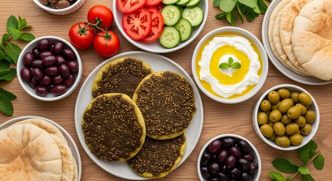Traditional Lebanese Breakfast Spread with Zaatar Manakish, Labneh, Olives, and Fresh Vegetables