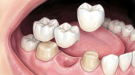 Illustration of Dental Crown Placement Procedure Showing Prepared Teeth and Hovering Prosthetic Crowns