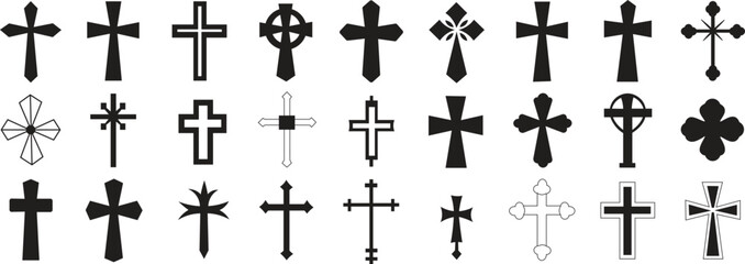 Fototapeta premium Collection of Christian cross symbols in black silhouette style