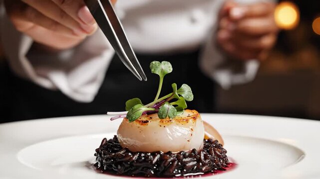A professional chef meticulously garnishes a gourmet scallop dish with fresh microgreens, showcasing the art of fine dining presentation and culinary precision