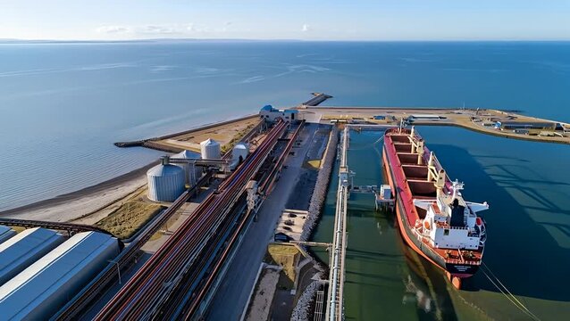 Aerial view of cargo ship at industrial port with grain elevators and loading infrastructure, freighter.