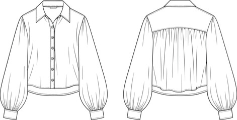Black and white line drawing of front and back of a balloon sleeve collared shirt clothing fashion