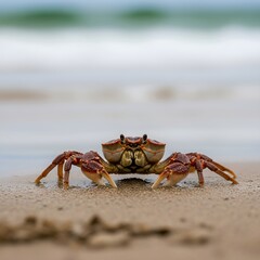 A lone crab bravely walks along the wet sandy shore near the ocean waves