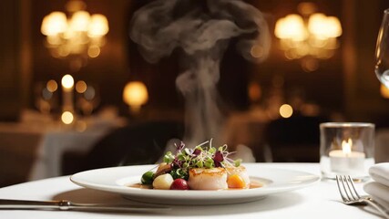 Exquisite gourmet dish steaming in an elegant fine dining restaurant setting, showcasing a meticulously plated culinary masterpiece for a luxurious and refined meal experience