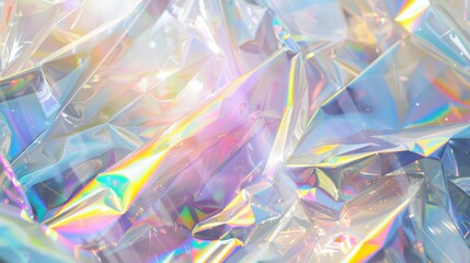 A close-up of iridescent crumpled foil reflecting light in various colors.