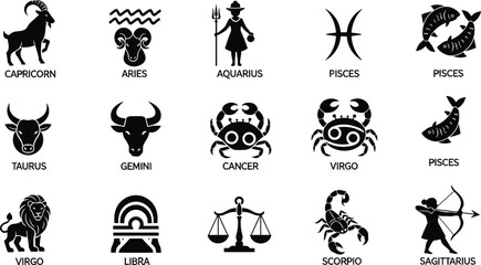 Collection of twelve black and white zodiac sign icons with names zodiac signs horoscope