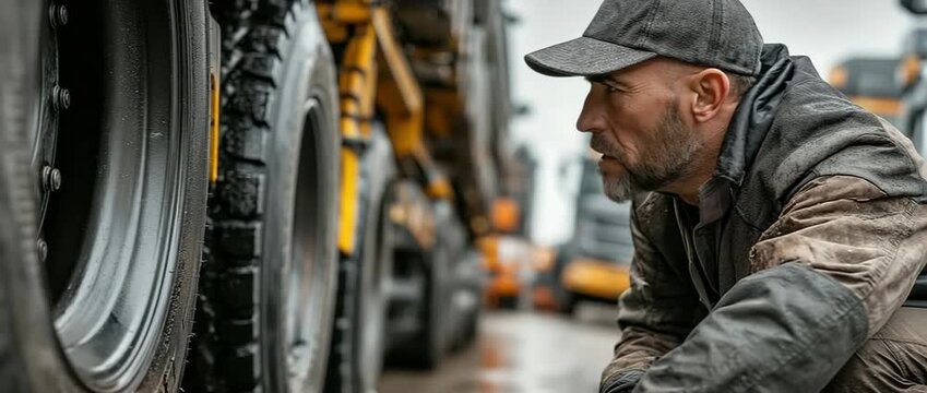 A Caucasian Employee in an Orange Shirt Squats Next to Heavy Equipment