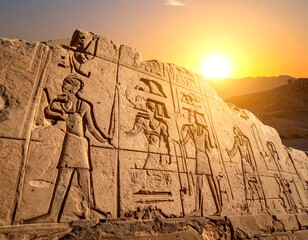 Ancient Egyptian wall carvings lit by a setting sun