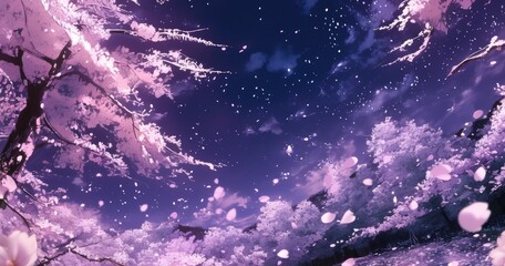 A serene landscape featuring cherry blossoms under a starry sky, evoking tranquility.
