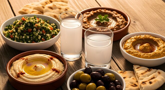 Traditional Middle Eastern Mezze spread featuring Arak, hummus, tabbouleh, olives, and pita bread on a wooden table.