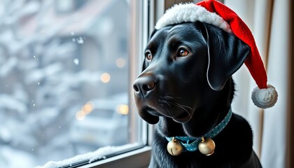 A black Labrador with a Santa hat and a jingle bell collar, looking out a snowy window,  festive,  pet