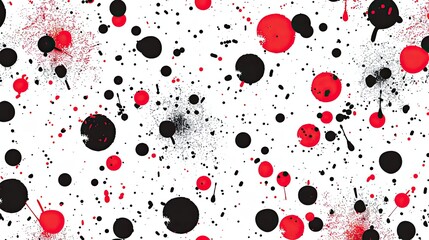 Abstract design featuring black, red, and white splatter patterns on a light background.