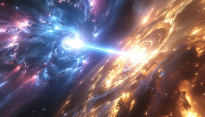 Cosmic collision: Exploding star system with vibrant nebula and bright energy beam