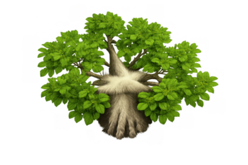 Baobab tree with vibrant green foliage and whimsical furry texture, a fantasy nature element with transparent background