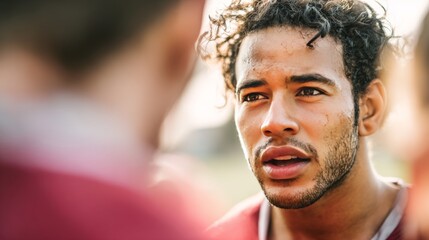 Soccer team huddle with young multiracial man looking at teammate during match, showing teamwork, communication, unity and competitive sport spirit on football field