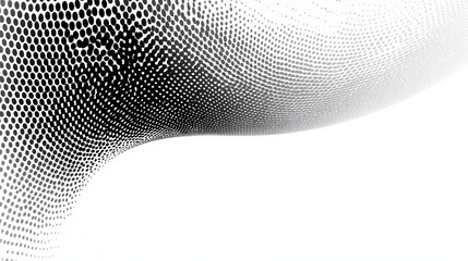 A grayscale, abstract artwork showcasing a curving, dotted pattern that fades into a white backdrop. It evokes a sense of movement