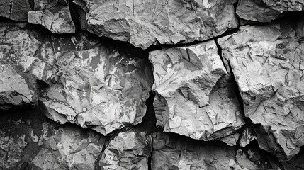 A close-up view of textured, cracked rocks in monochrome.