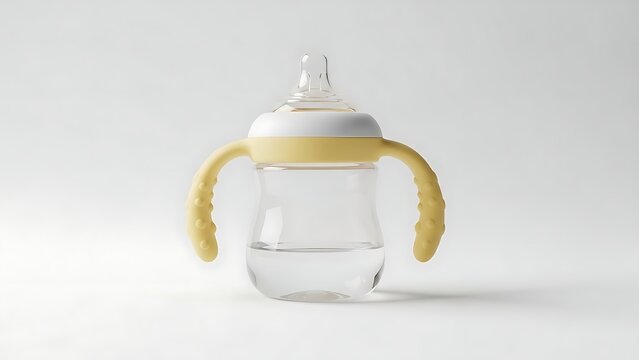 A clear baby sippy cup with yellow handles filled with water on a white background.