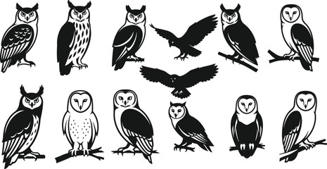 Black owl silhouette collection showing perched and flying nocturnal birds, wildlife illustration set for nature, education, and design use © Yeasrin