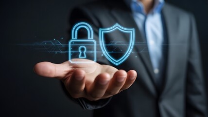 Businessman presenting secure protection with lock and shield