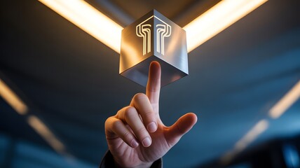 Hand interacting with futuristic cube interface technology