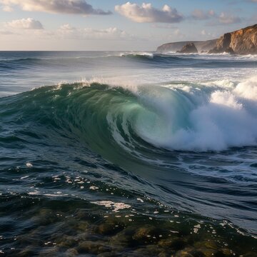 Majestic ocean wave crashing and curling near a rocky coastline.