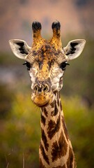 Giraffe close-up portrait with brown spotted fur, against a soft, blurred background