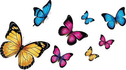 Colorful butterfly collection illustration featuring vibrant blue, pink, and yellow butterflies flying together, symbolizing nature beauty, freedom, and spring design © Yeasrin