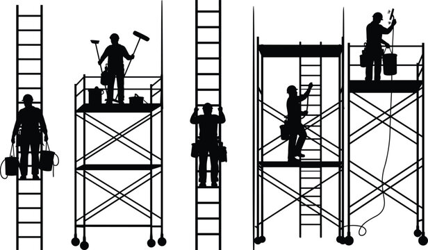 Construction workers silhouettes on scaffolding and ladders isolated on white background representing building maintenance teamwork safety and industrial labor