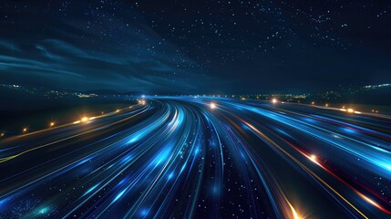 A vibrant, futuristic highway illuminated by streaks of light under a starry sky.