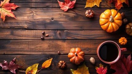 A cozy autumn scene with pumpkins, coffee, and colorful leaves on a wooden table.