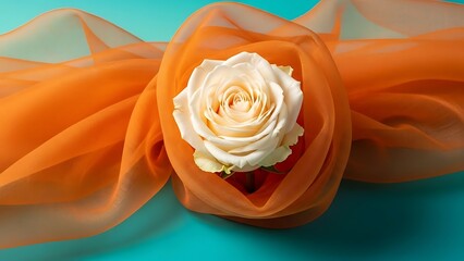 Cream Rose Flower Soft Orange Fabric Turquoise Background Romance Love Beauty
