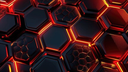 A close-up view of hexagonal patterns illuminated with red and black tones.