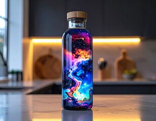 Glass bottle with a nebula space print stands on a bright marble countertop