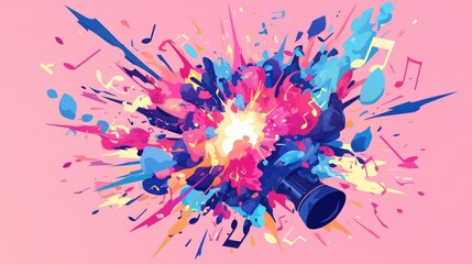 A vibrant explosion of colors and musical notes emerging from a camera, symbolizing creativity.