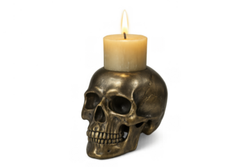Skull candle holder with burning candle, representing memento mori, death, remembrance, and the passing of time