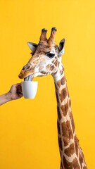 Giraffe on yellow background drinking coffee from a white cup held by a human hand