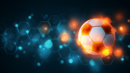 Football championship soccer ball neon abstract glowing background with grid and hexagon pattern, modern sport design concept for tournament promotion, digital media, poster and banner use