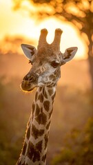 Giraffe portrait at sunset; tall neck, patterned coat, golden light